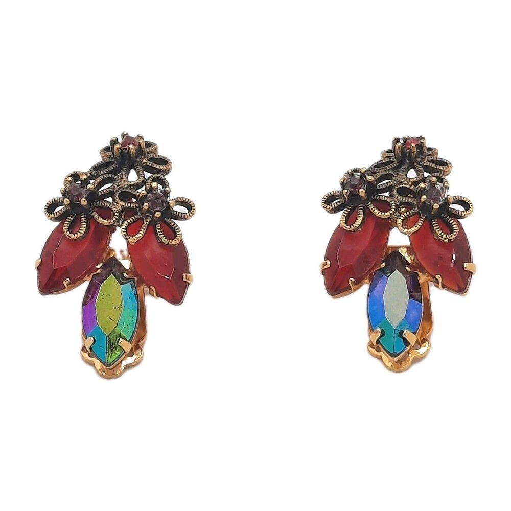 Vtg Red AB Aurora Borealis Marquise Rhinestone Clip On Earrings Gold Tone MCM